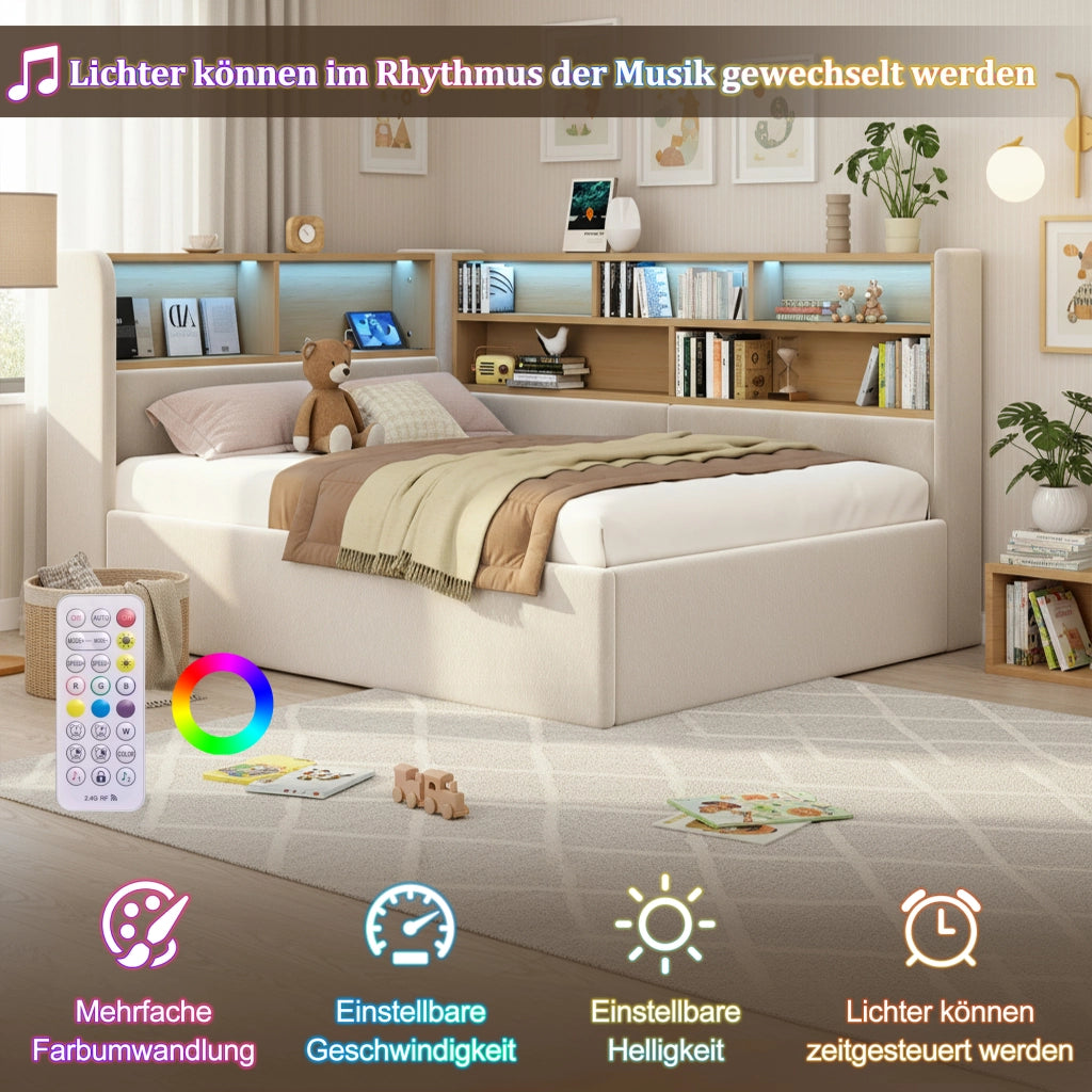 LETTO 90x200 cm con contenitore idraulico in velluto beige, LED, USB e USB-C