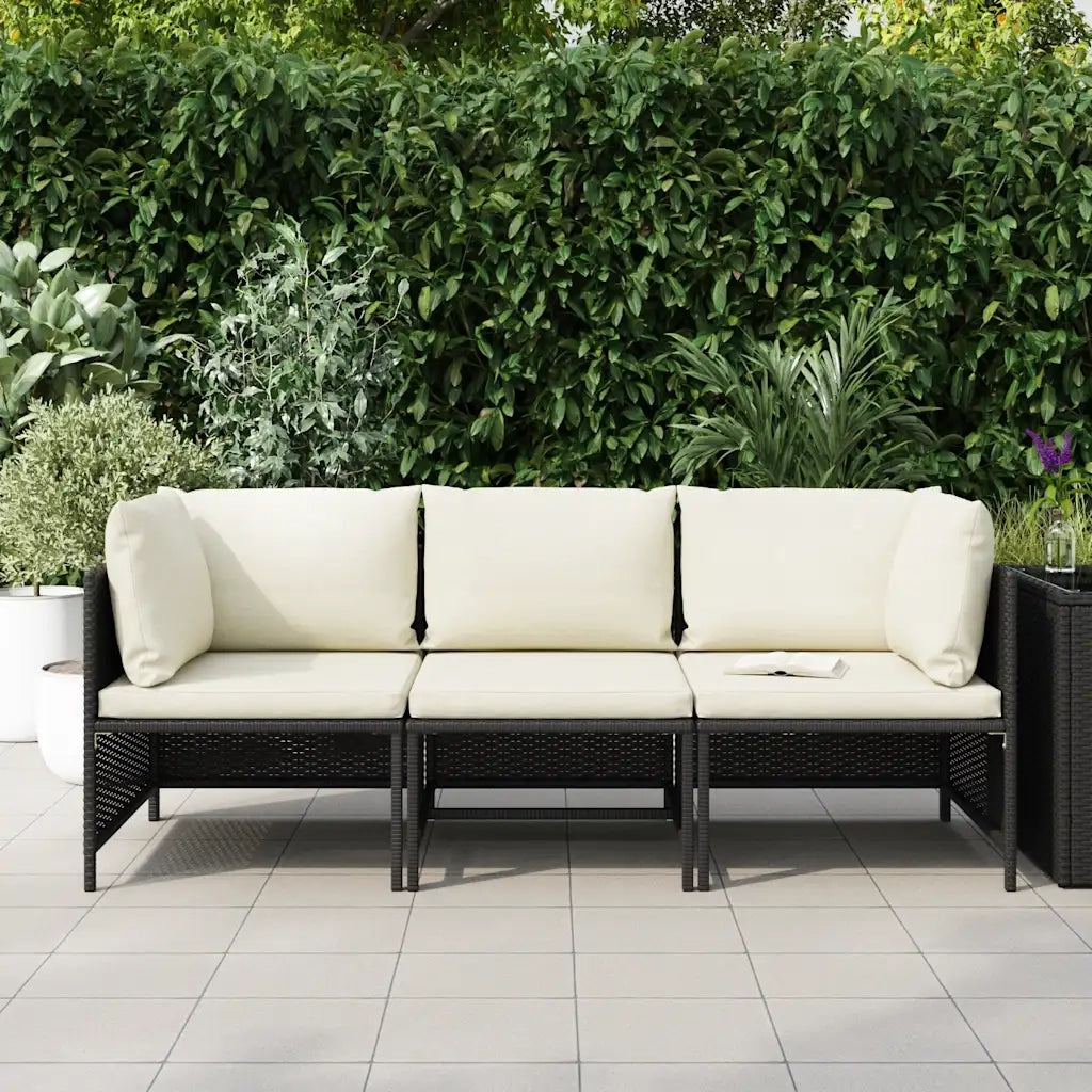 Divano da Giardino a 3 Posti con Cuscini-Sofa da Giardino-Divano da esterno in Polyrattan Nero