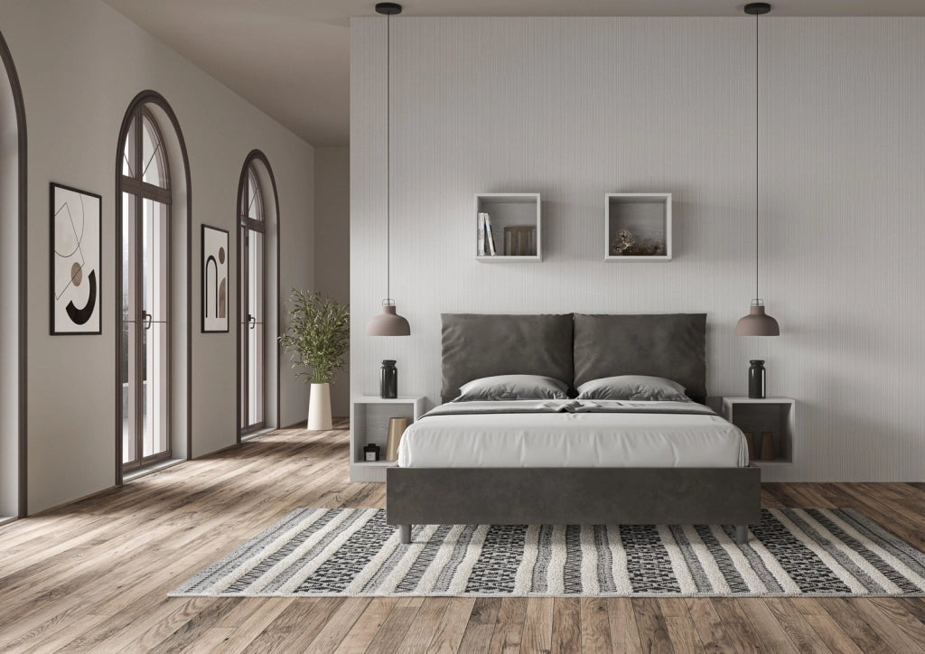 BS COM Letto matrimoniale senza rete imbottito 160x200 microfibra grigio