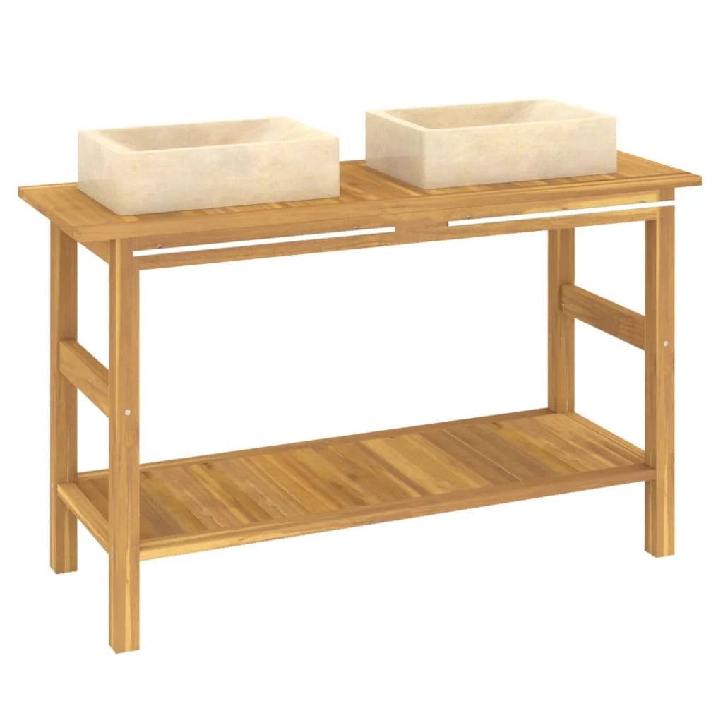 Mobile da bagno e lavabi in marmo 132 x 45 x 75 cm teak massello crema 02_0006552