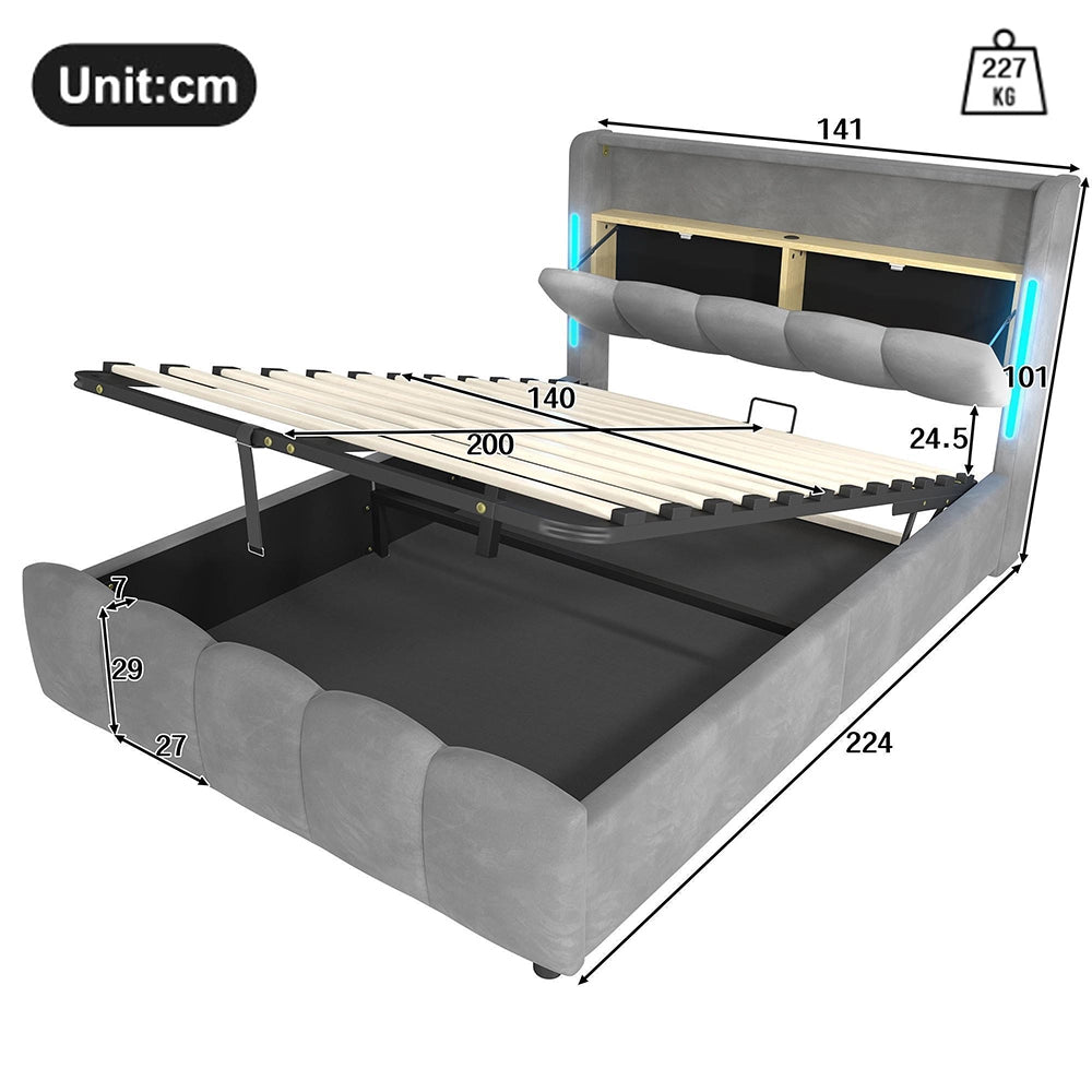 Letto 140x200cm?- Xylo - idraulico USB velluto grigio