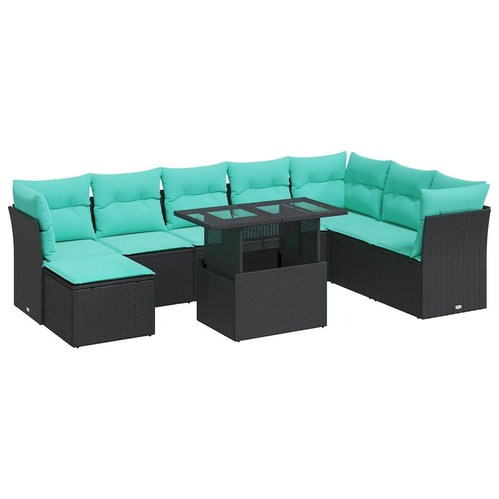 Set Divani da Giardino 9 pz con Cuscini Nero Polyrattan Acacia 3326208
