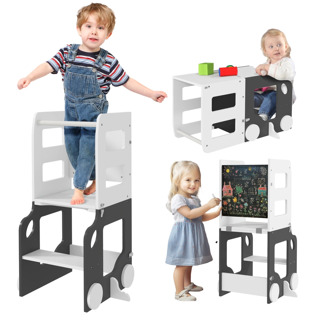 Scala Montessori 4 in 1 con Lavagna e Set Tavolo Sedie Legno Bianco 58x46x92cm