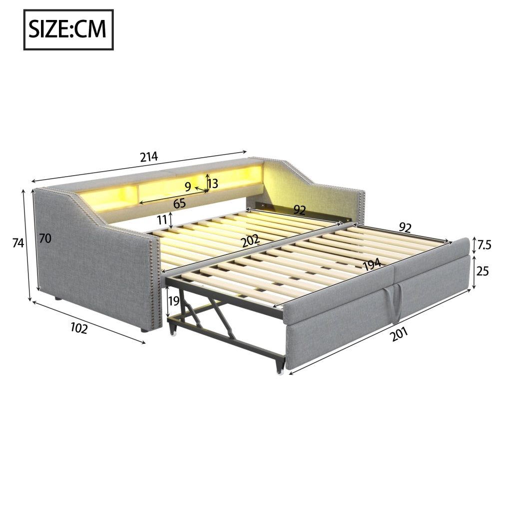 Divano letto 90x200 cm estraibile fino a 180x200 cm con vani portaoggetti; LED e USB grigio chiaro