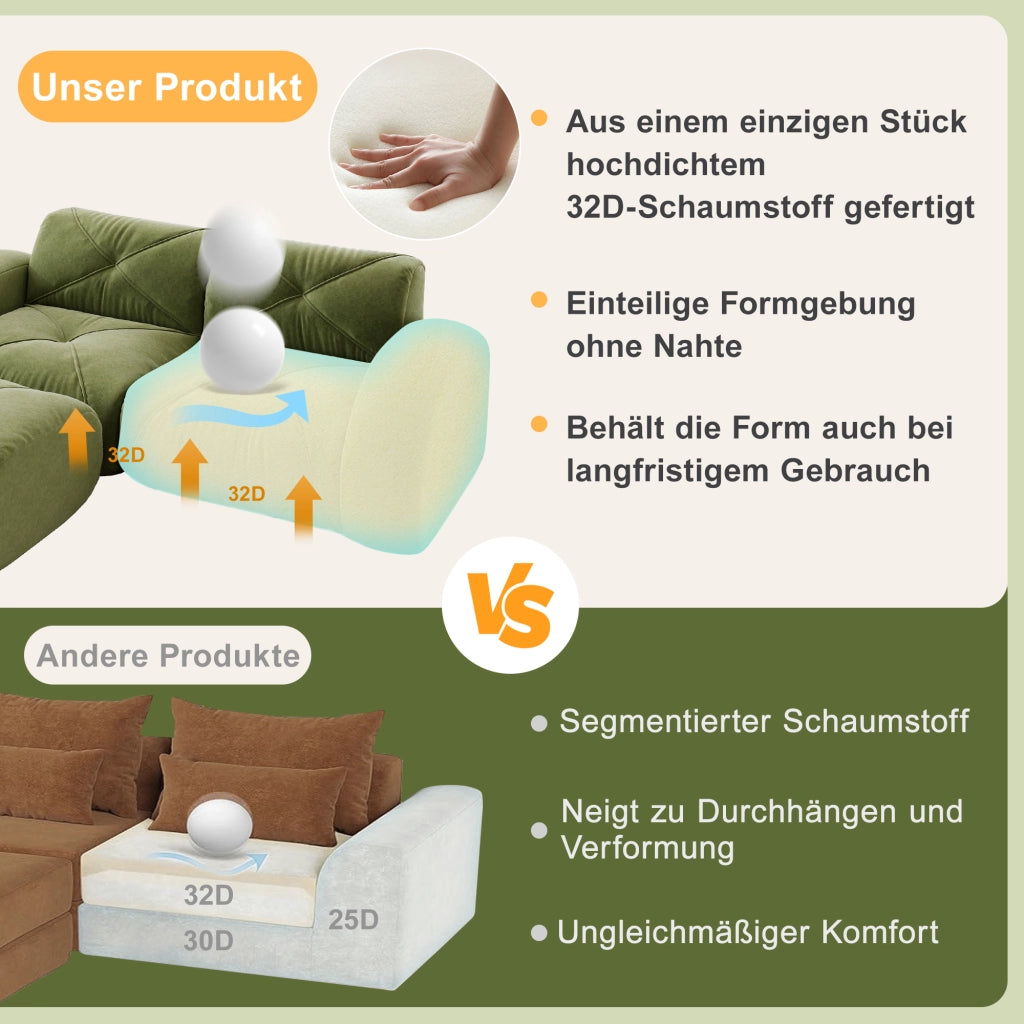 Divano modulare 2 posti con 2 pouf; schiuma 32D; tessuto chenille; verde