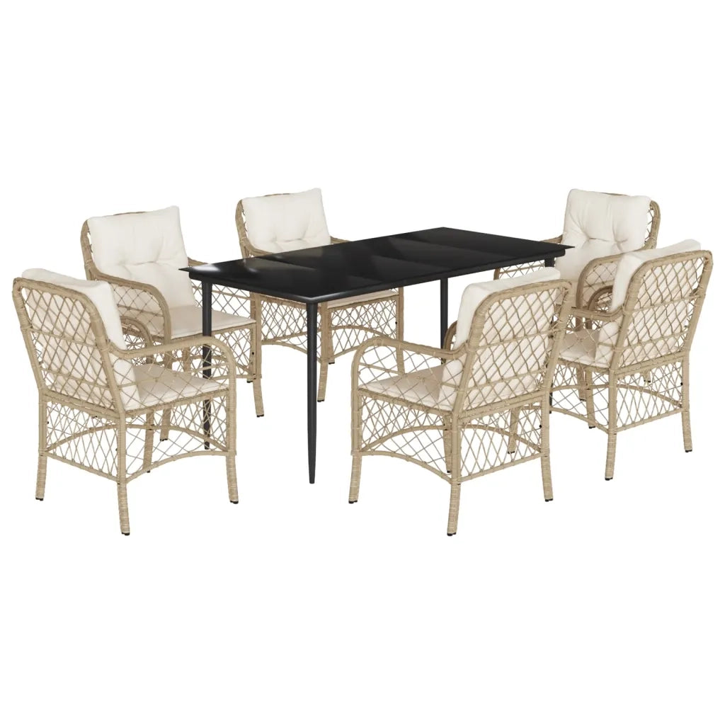 Set da Pranzo da Giardino 7 pz con Cuscini Beige in Polyrattan