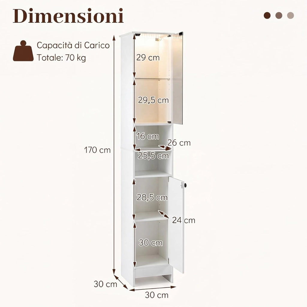 Mobile Alto da Bagno, Mobiletto a Colonna Stretto con Luci LED e Telecomando, Ante in Vetro e Mensole Regolabili, Armadio Salvaspazio a Terra per Soggiorno, 30 x 30 x 170 cm (Bianco)