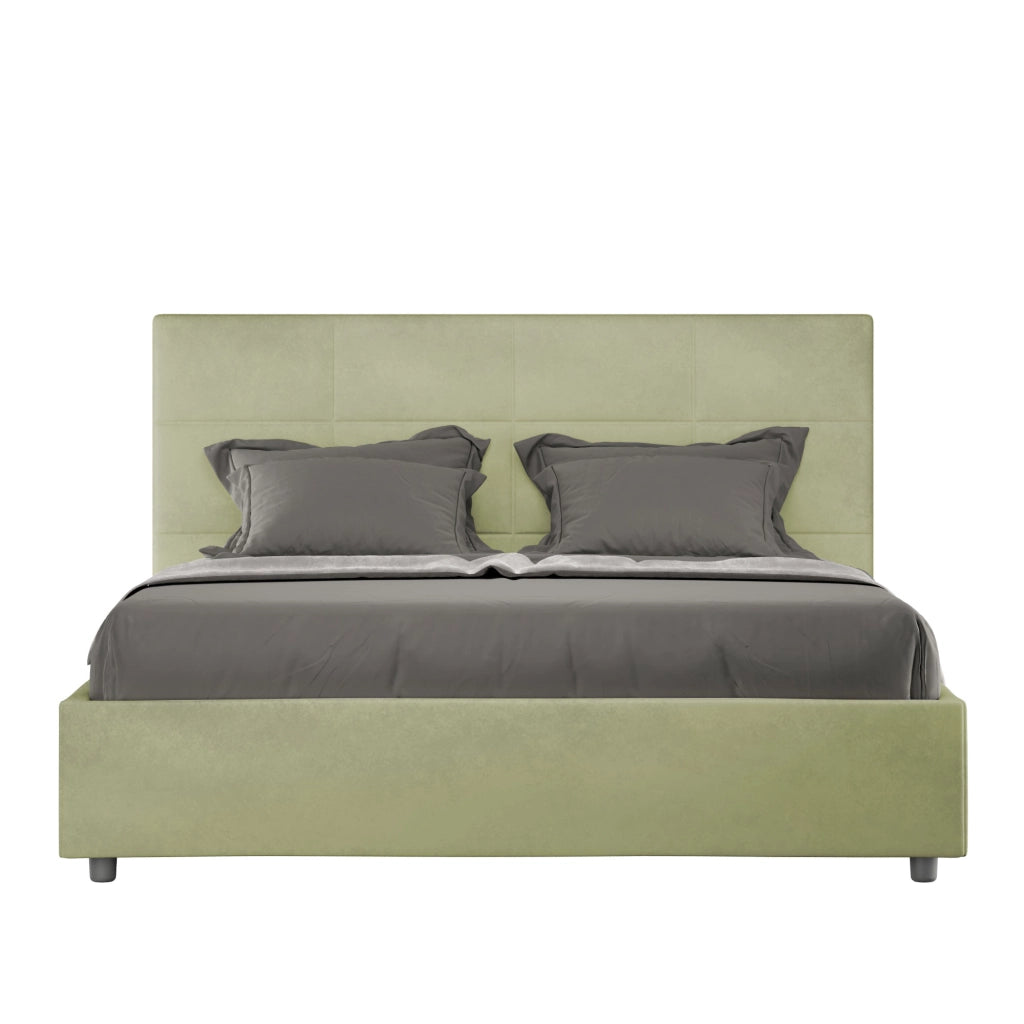 BS COM Letto matrimoniale francese con rete imbottito 140x190 microfibra tè verde