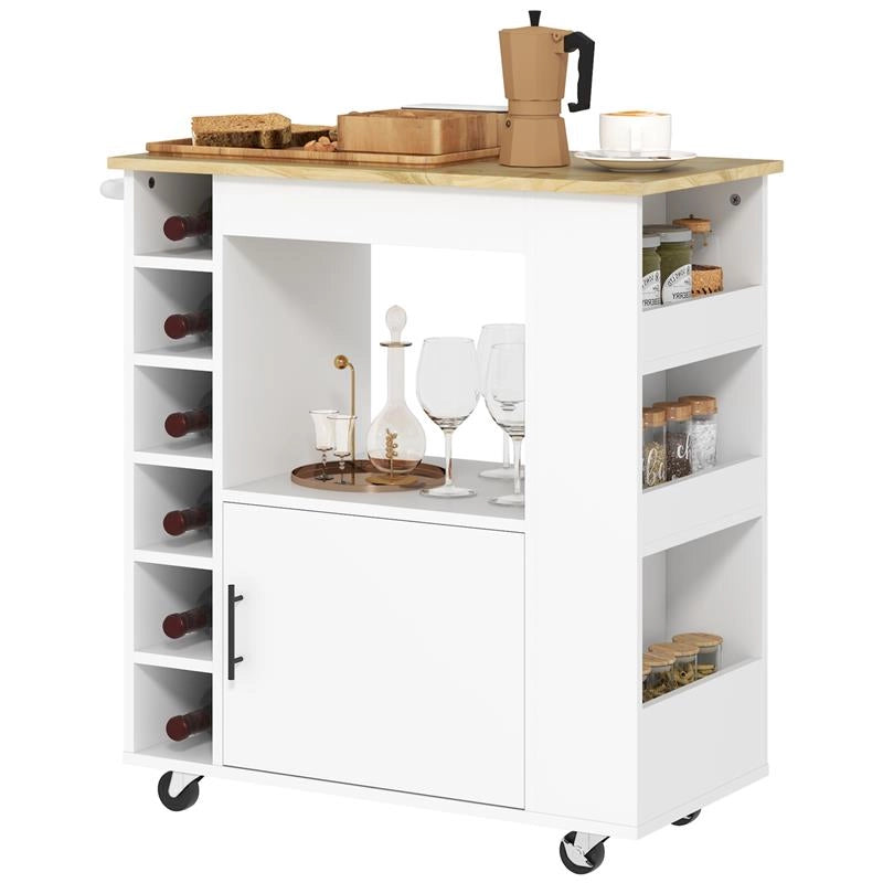 CARRELLO DA CUCINA CON RUOTE RIPIANI ARMADIETTO E PORTABOTTIGLIE 83X40X83 CM ROVERE E BIANCO