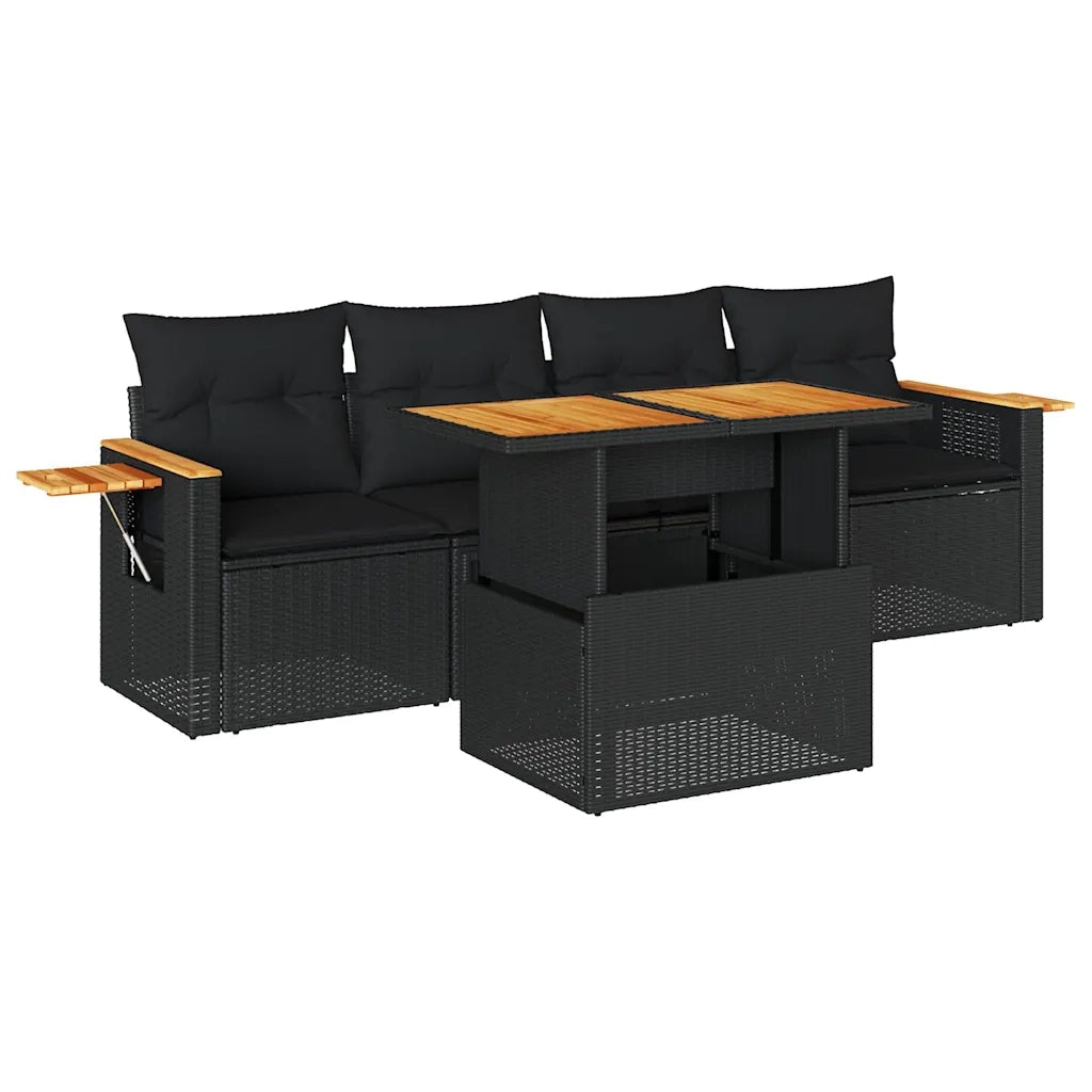 Set Divani da Giardino 5 pz con Cuscini Nero Polyrattan Acacia 3327541