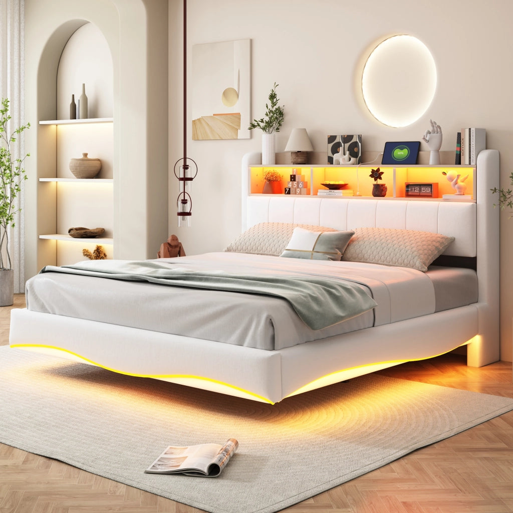 Letto imbottito con LED e USB - Zephmum - 160x200 cm - Beige - Design sospeso