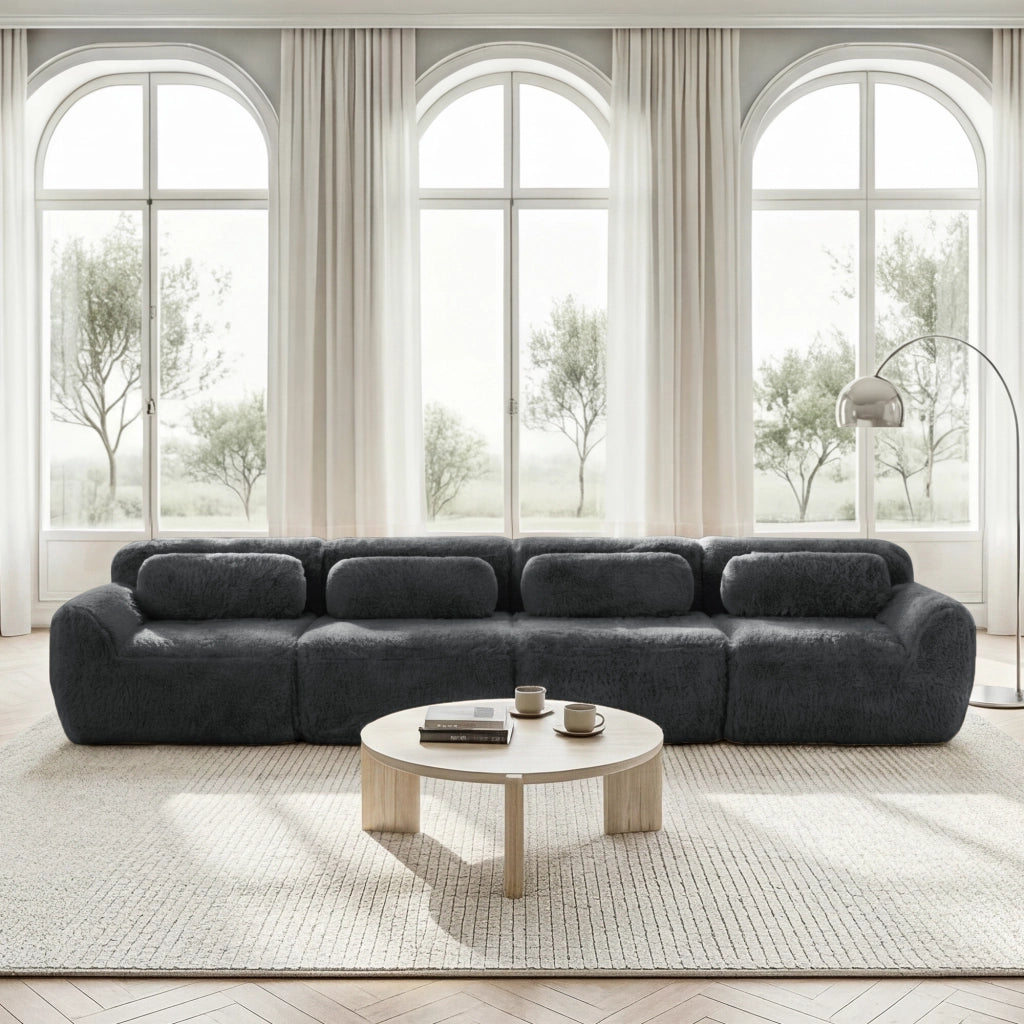 Sofa a 4 posti - Zephmum - Tessuto peluche premium, base antiscivolo, cuscini inclusi, schiuma elastica