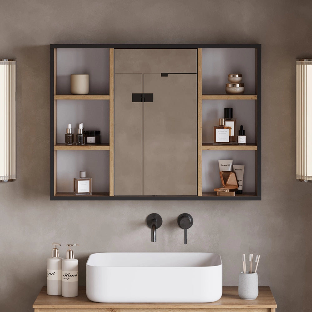 Vicco Specchio contenitore bagno Quercia dorata 80 x 59.2 cm Con ripiani e porta a specchio