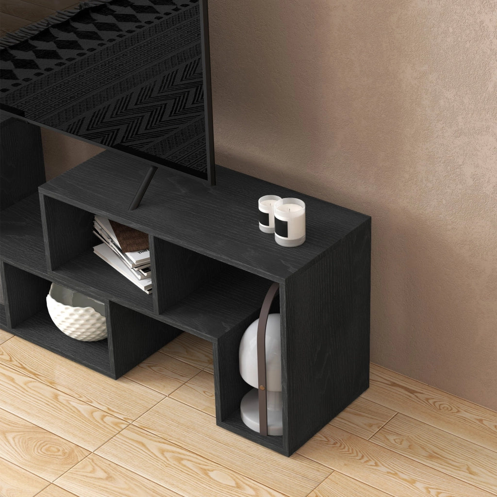 Mobile TV Modulabile 75" Max 134-180x30,5x44 cm con 2 Ripiani a L e Mensola Rettangolare in Legno Nero