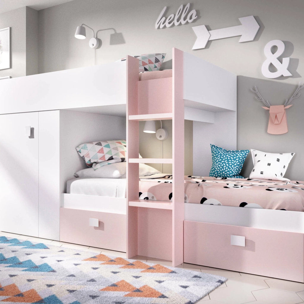 Letto per bambini Araba, Cameretta completa con armadio e cassetti, Composizione letto a castello con due lettini singoli, 271x111h150 cm, Bianco e Rosa