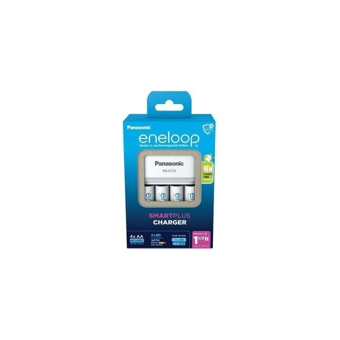 Eneloop K-KJ55MCD40E SmartPlus Caricabatterie per Batterie AA AAA Ni-MH con 4x AA 2000 mAh Ricarica Rapida 1,5 Ore 10 Funzioni Sicurezza colore Nero