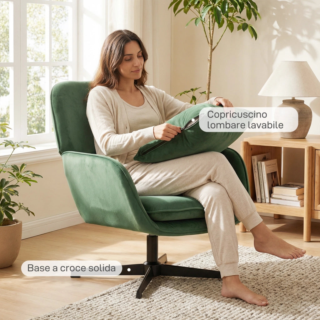 Poltrona Girevole con Cuscino ¨C Xylo ¨C Tessuto Velluto Verde