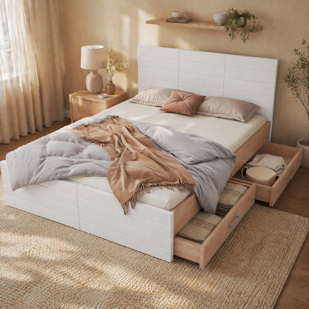 LETTO matrimoniale 140x200 cm con 2 cassetti, bianco e quercia