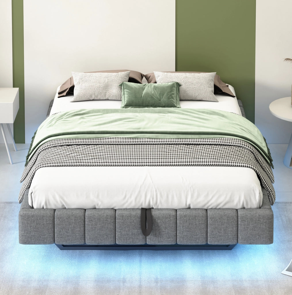Letto imbottito sospeso 140x200 cm con LED e contenitore