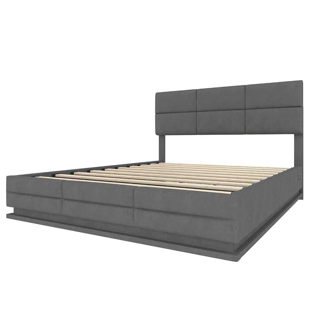Letto 140x200cm imbottito - Xylo - velluto grigio USB idraulico LED