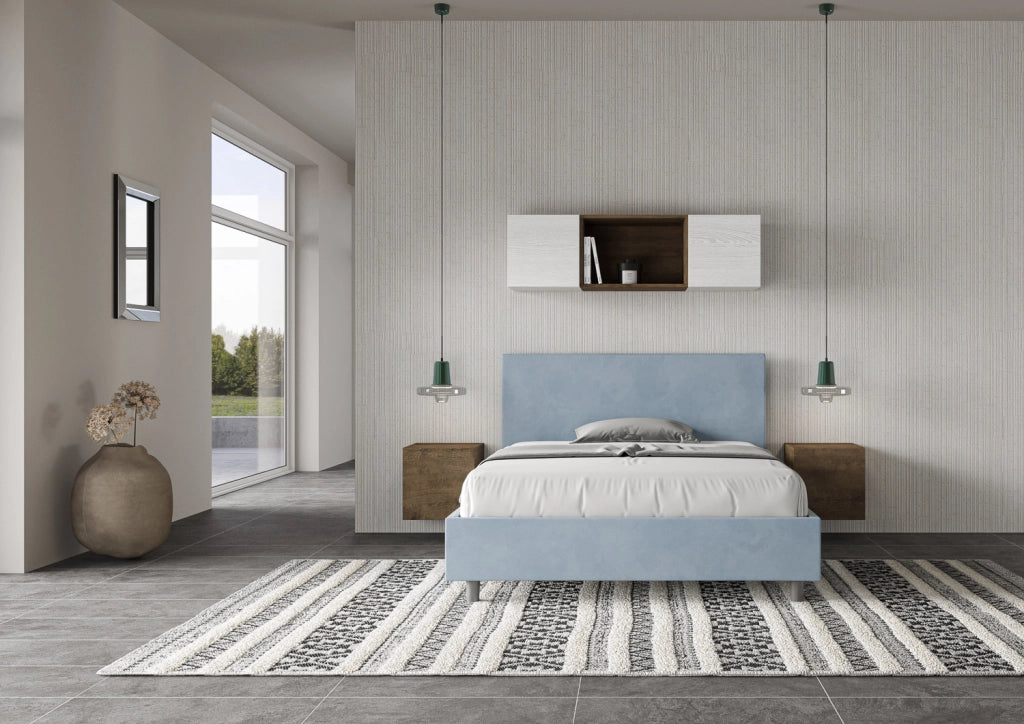 BS COM Letto una piazza e mezza senza rete imbottito 130x190 microfibra azzurro