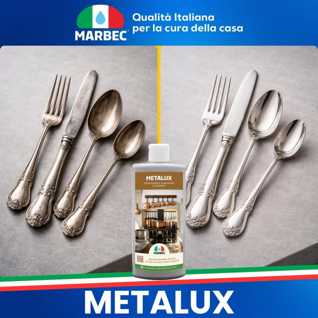 Crema lucidante metalli, pulizia e brillantezza in un solo gesto, ideale per rame e acciaio Marbec METALUX - 250GR