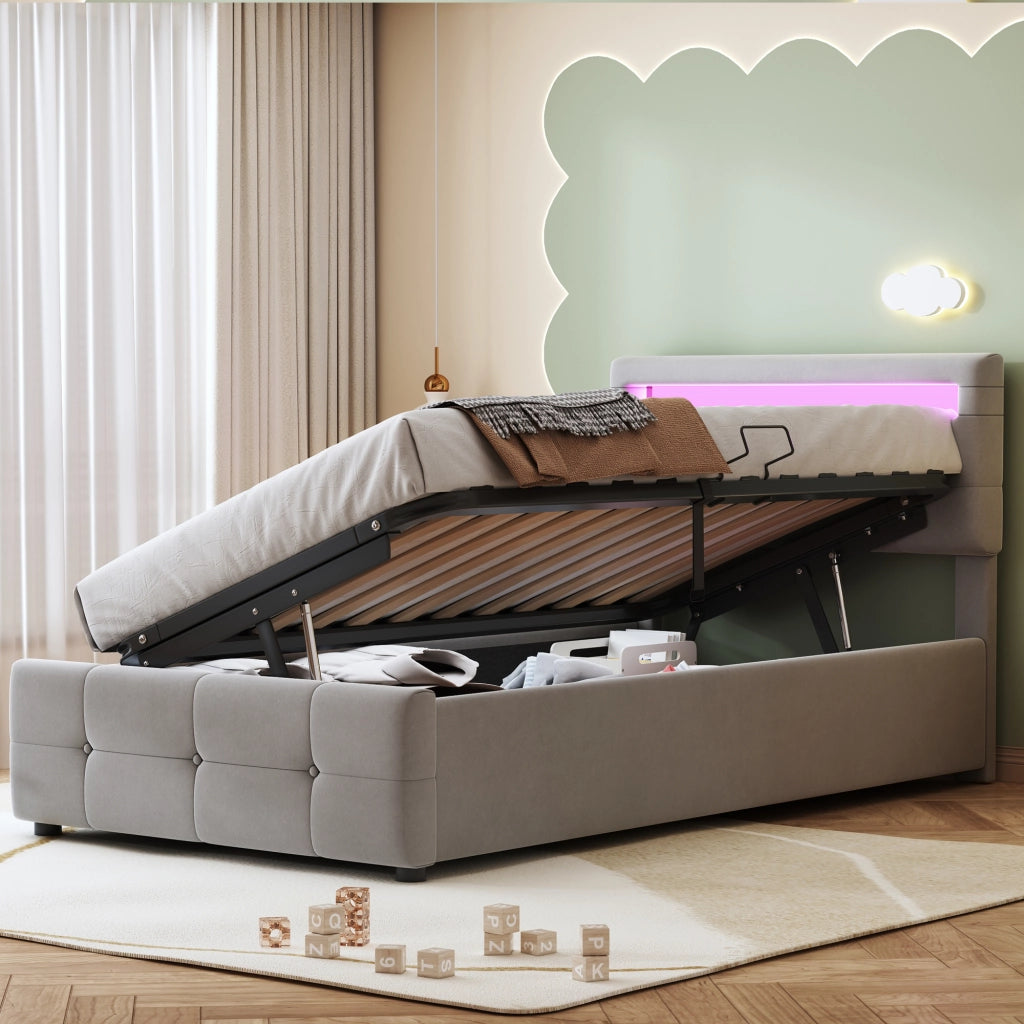 LETTO per bambini 90x200 cm con LED, contenitore, velluto grigio