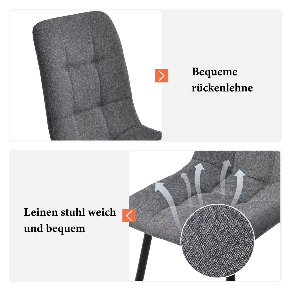 Sedia da pranzo 4 pezzi con schienale e cuciture decorative, in lino grigio
