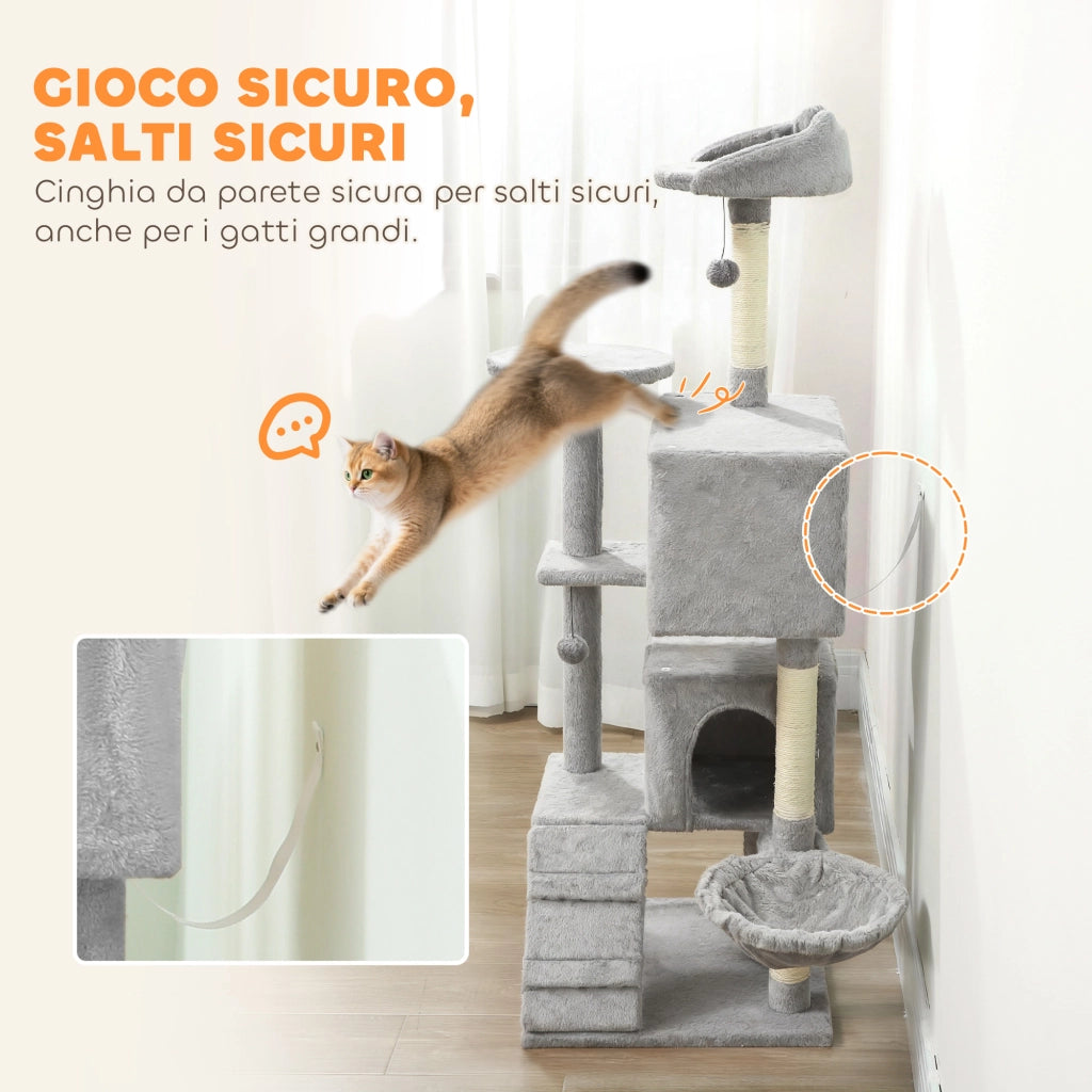 Tiragraffi per Gatti con Casette e Amaca ¨C Xylo ¨C Grigio 48x48x160 cm