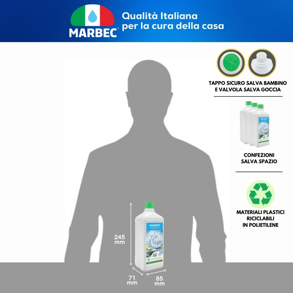 Detergente Piatti Concentrato, Sgrassa a Freddo, Risciacquo Rapido, Profumo Limone Marbec PULIPIATTI - 5LTx4Pz