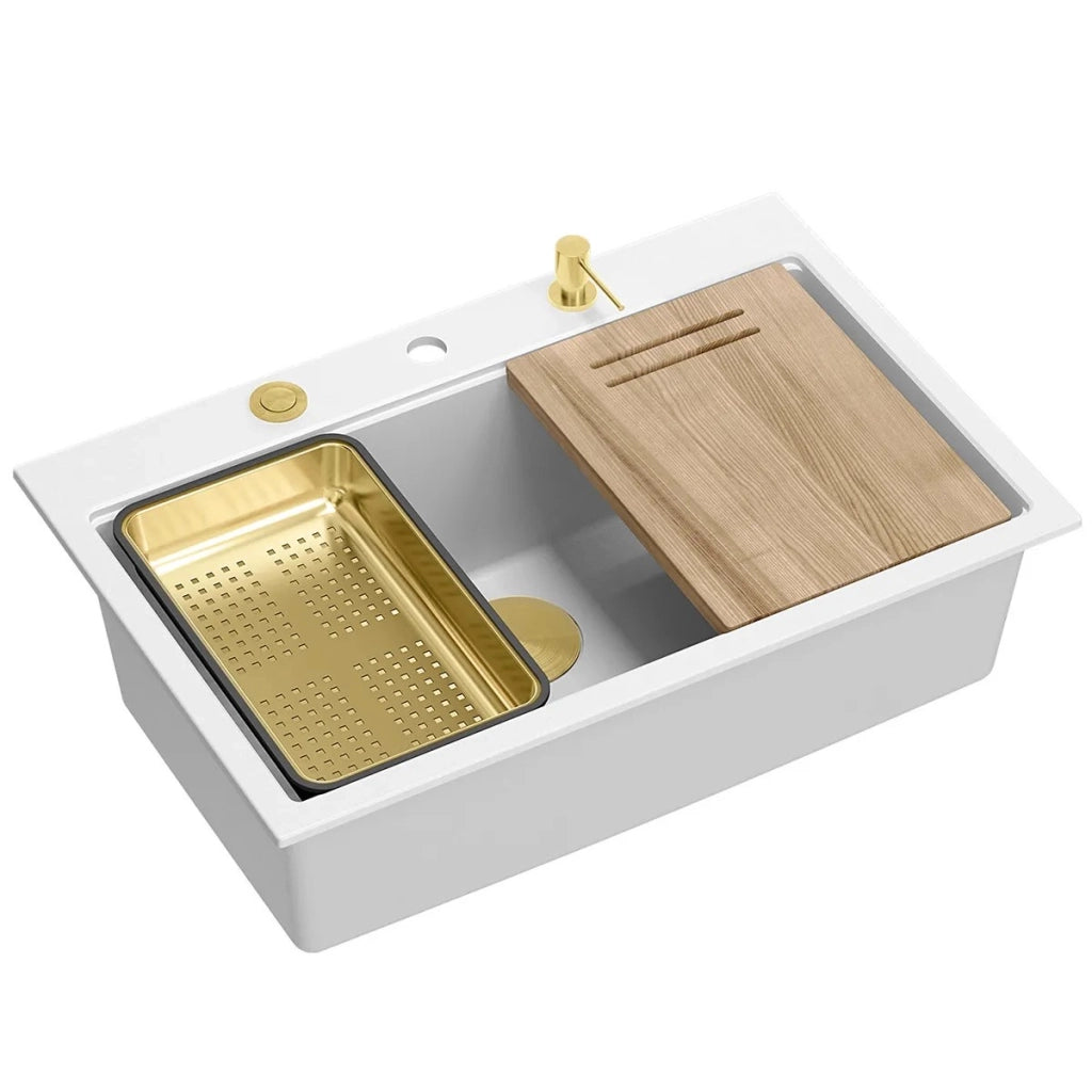 Lavello In Granito Marc 110 Workstation White Tappo oro