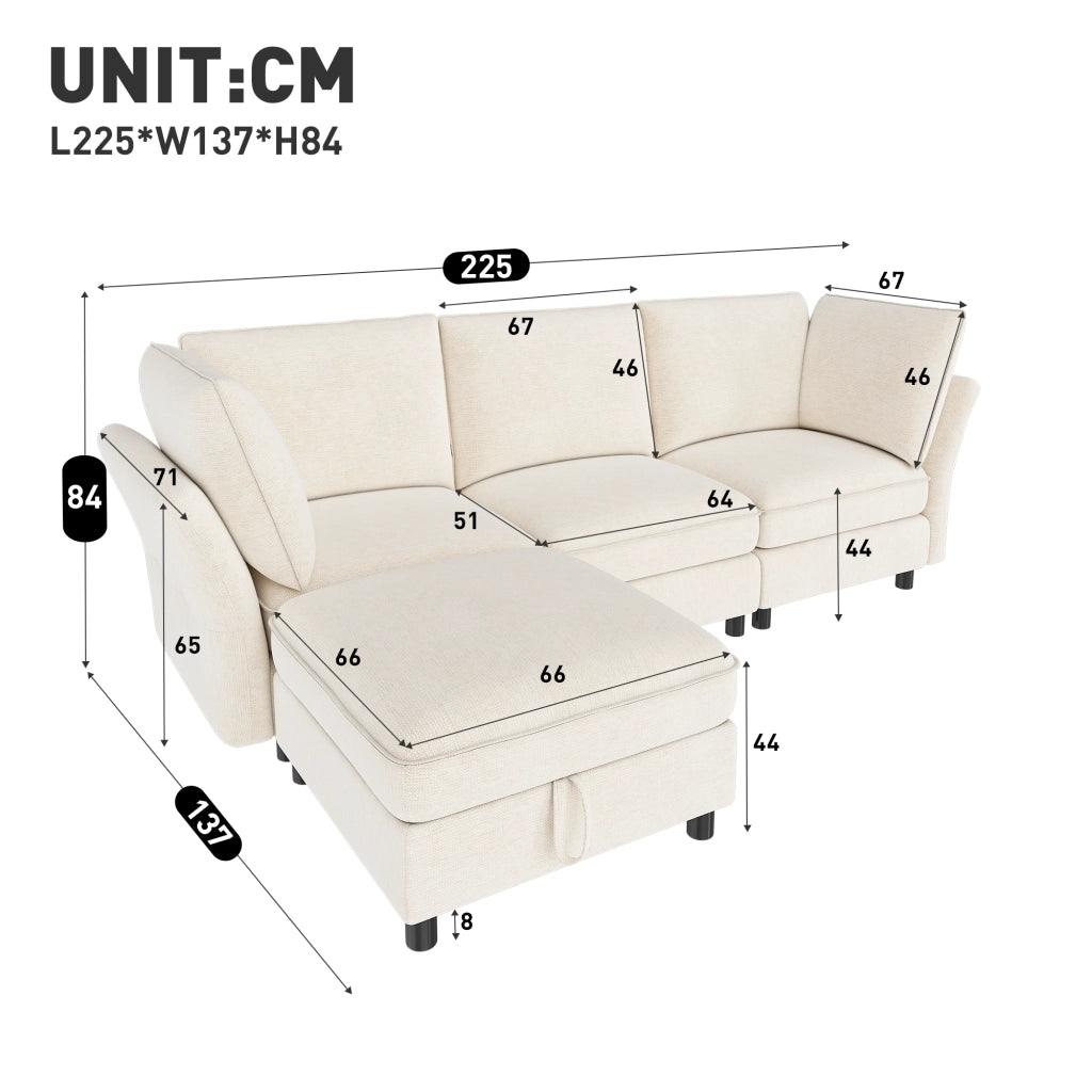 Divano ad angolo modulare 4 posti con pouf contenitore e 2 cuscini, in Chenille, Beige