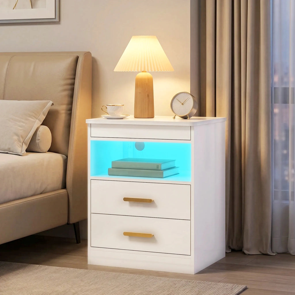 Comodino con ricarica LED RGB ¨C Xylo ¨C lucido bianco