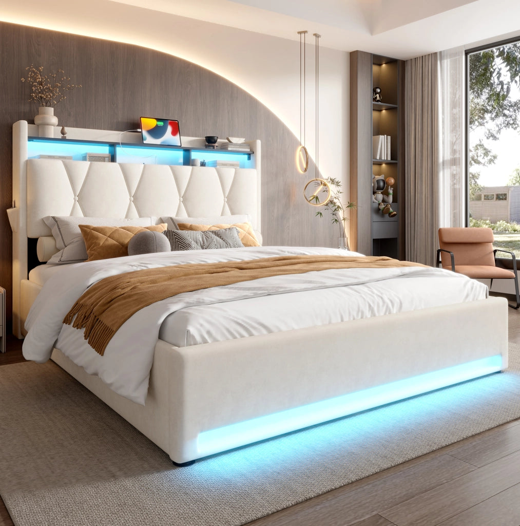 Letto matrimoniale 160x200 cm in velluto beige con LED; USB Type-C e contenitore