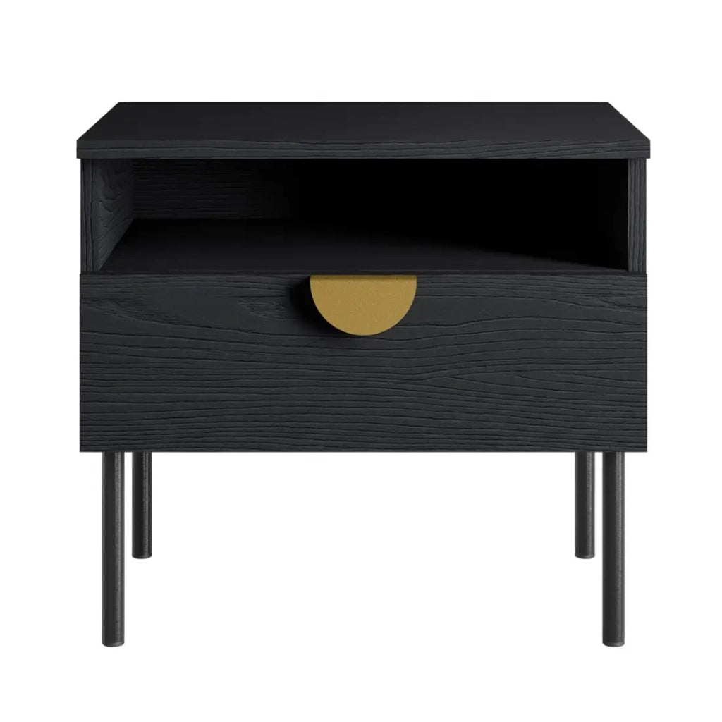 Camera completa MONDO – Nero strutturato e dorato – Letto 180x200 con doghe + Armadio + Cassettiera + 2 comodini
