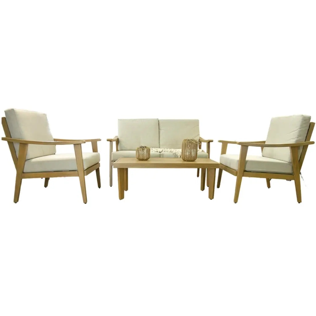 Salotto da giardino ALBORA 4 posti in alluminio effetto legno con cuscini beige e tavolino basso