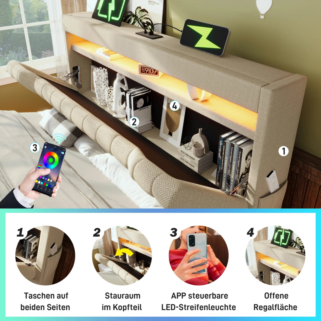 LETTO Contenitore 160x200 cm in lino beige con LED, USB e Type-C