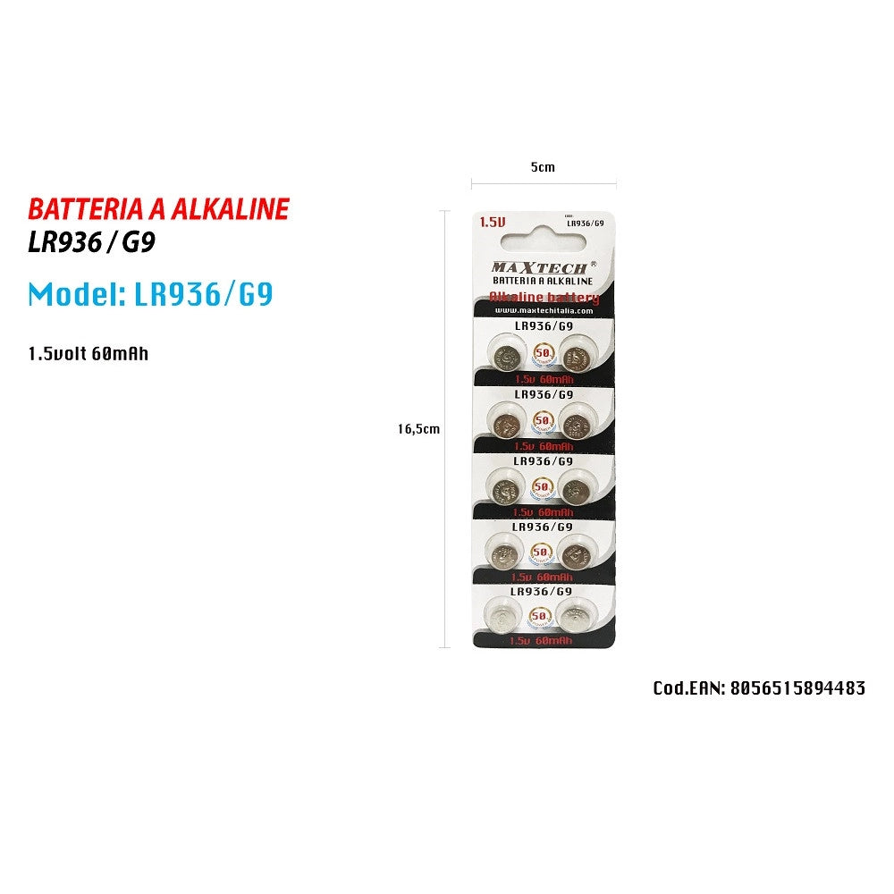 Trade Shop - Batterie Pile Alkaline Lr936/g9 1.5v Bottone 60mah Per Orologi Telecomandi Maxtech -