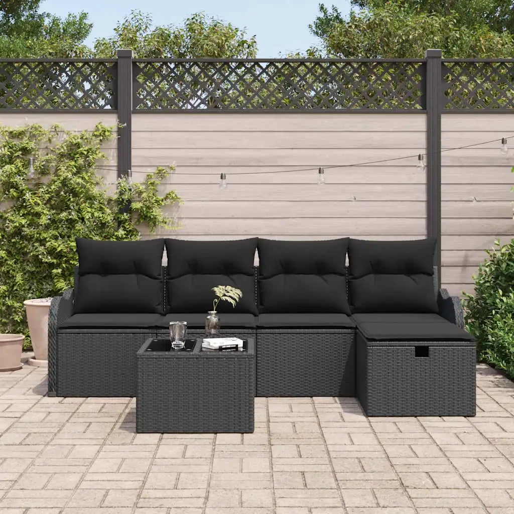 Set Divano da Giardino con cuscino 6 pcs Nero Poly Rattan