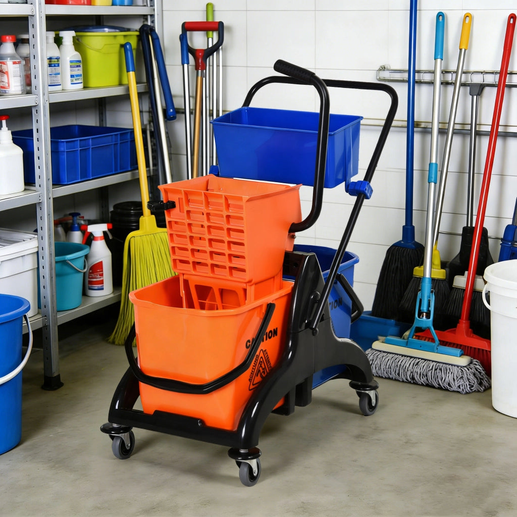 Carrello per pulizie con secchi ¨C Minimal ¨C 78x45x95 cm, arancio e blu, plastica e metallo