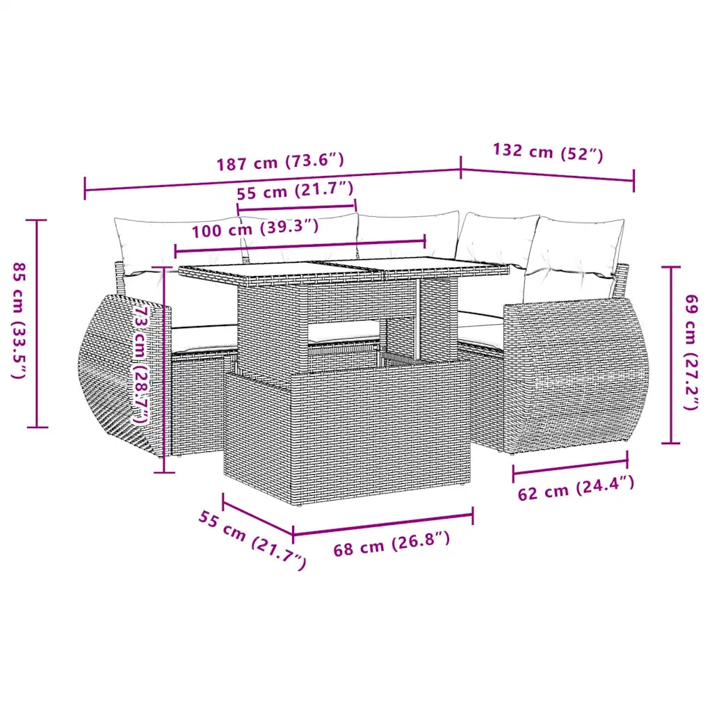 Set Divano da Giardino 5 pz con Cuscini Beige in Polyrattan 3268508
