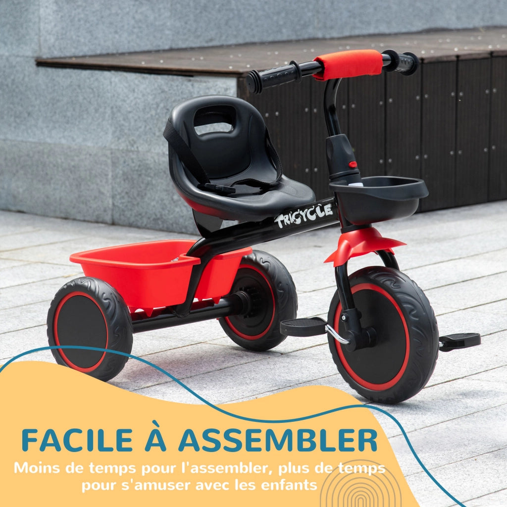 Triciclo Bambini Regolabile con Sedile e Cestini ¨C Minimal ¨C Rosso e Nero