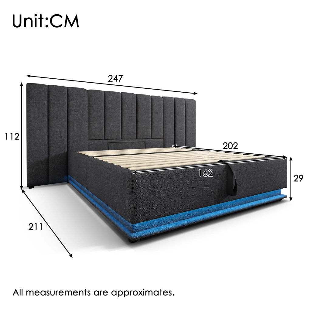 LETTO Contenitore 160x200 cm Grigio con LED, USB e Type-C