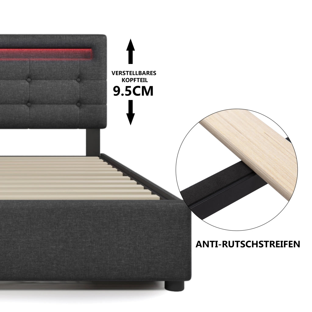 LETTO matrimoniale 140x200 cm in lino grigio con LED e 4 cassetti