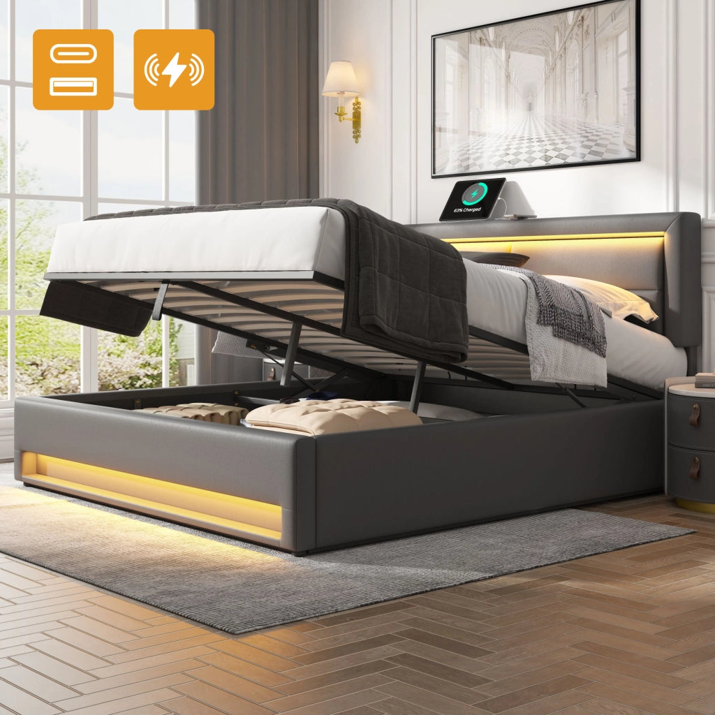 LETTO imbottito multifunzionale 140x190 cm PU grigio con USB, LED e contenitore