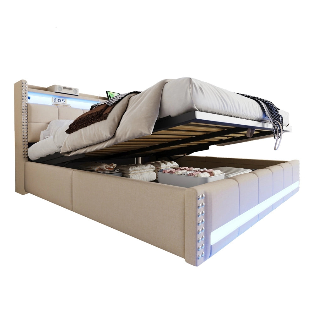 Letto matrimoniale - Xylo - 180x200 cm LED lino beige