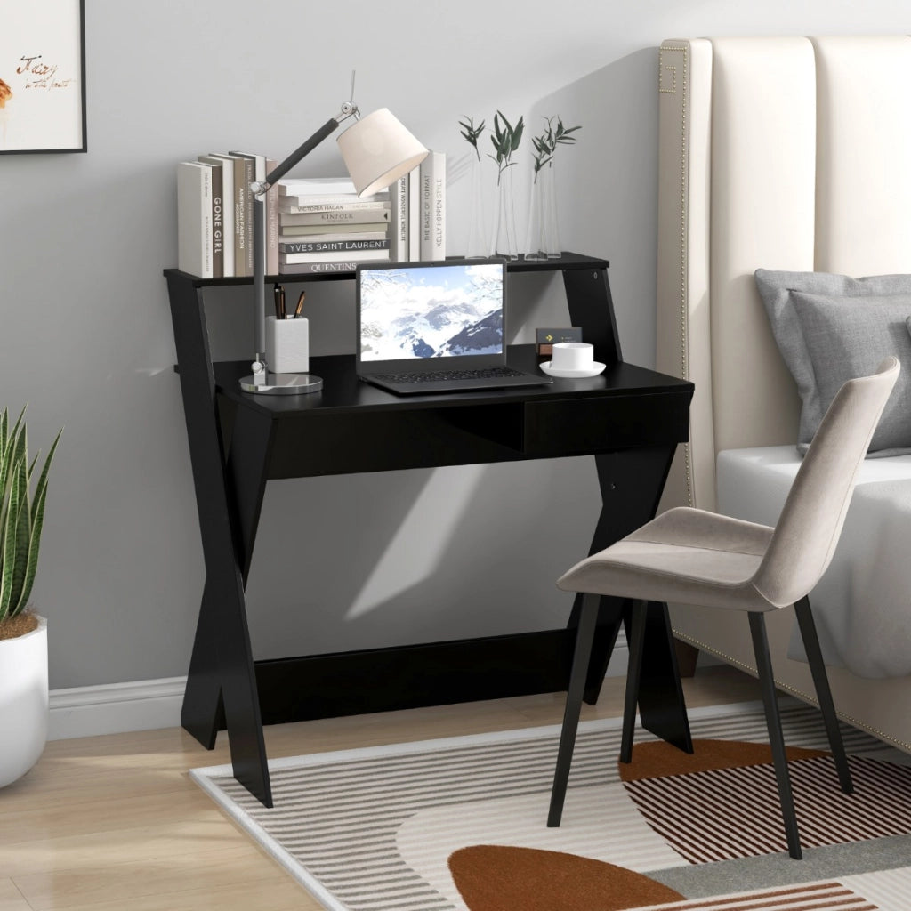 Scrivania per computer con cassetto portaoggetti e supporto per monitor, Tavolo da studio per casa e ufficio Nero