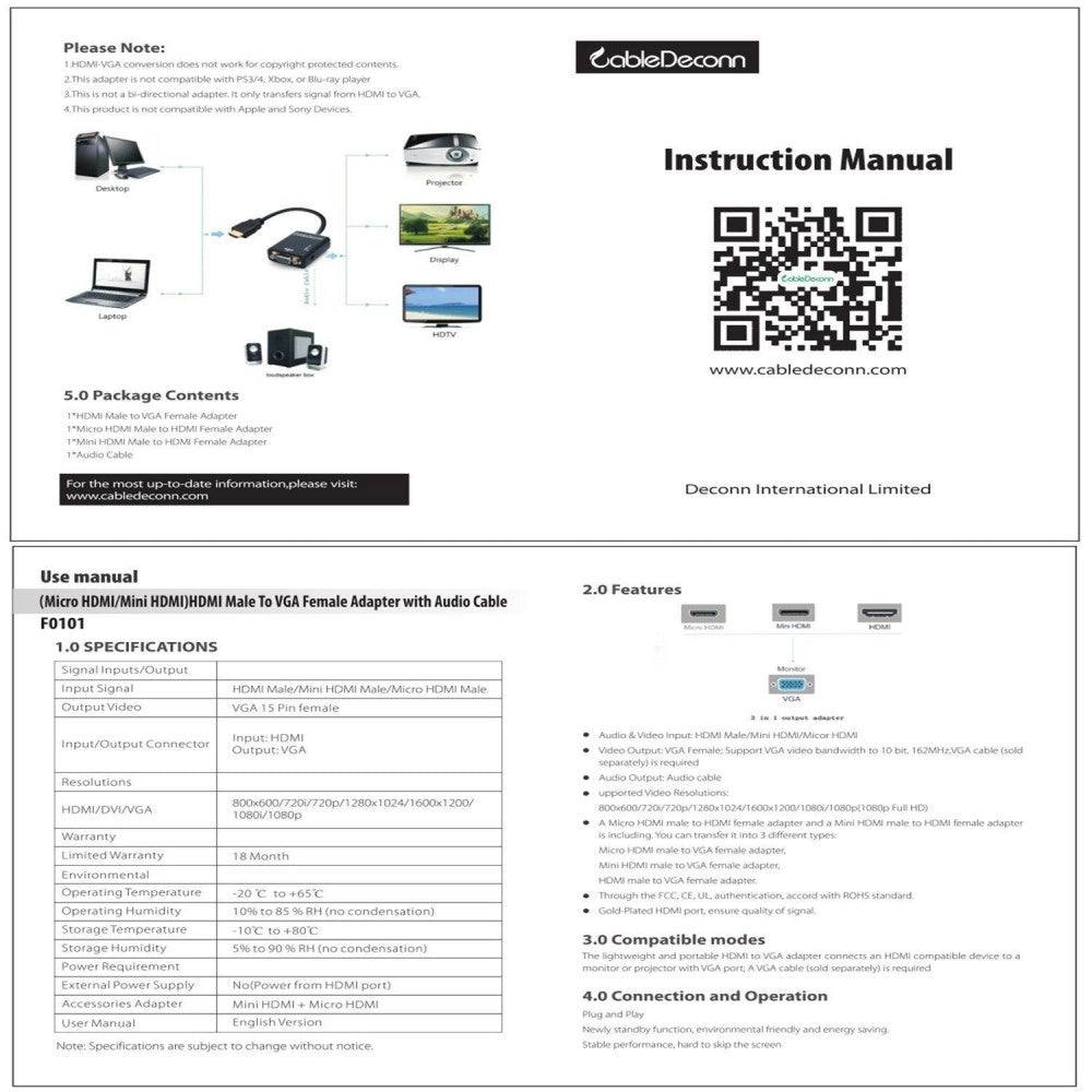 Trade Shop - Adattatore Convertitore Hdmi A Vga 3 In 1 Con Audio A Mini Micro Cavo Hdmi -