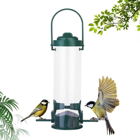 Dispensatore di cibo per uccelli con standard di alimentazione - gabbie trasparenti appese per uccelli - dispensatore di cibo per uccelli in forma di granuli - articoli per uccelli in plastica per giardino.