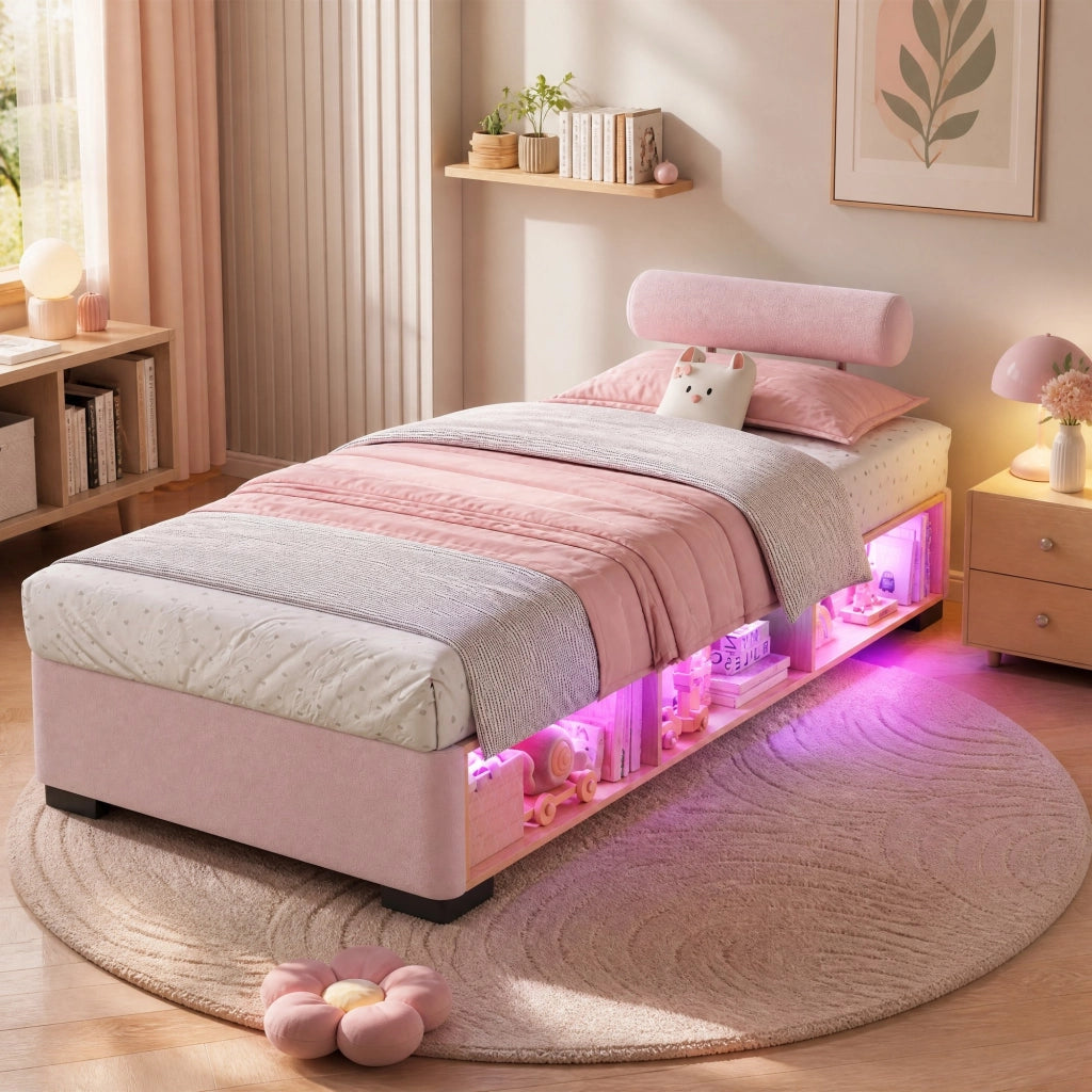 LETTO imbottito Rosa 90x200 cm in velluto con ripiano laterale LED